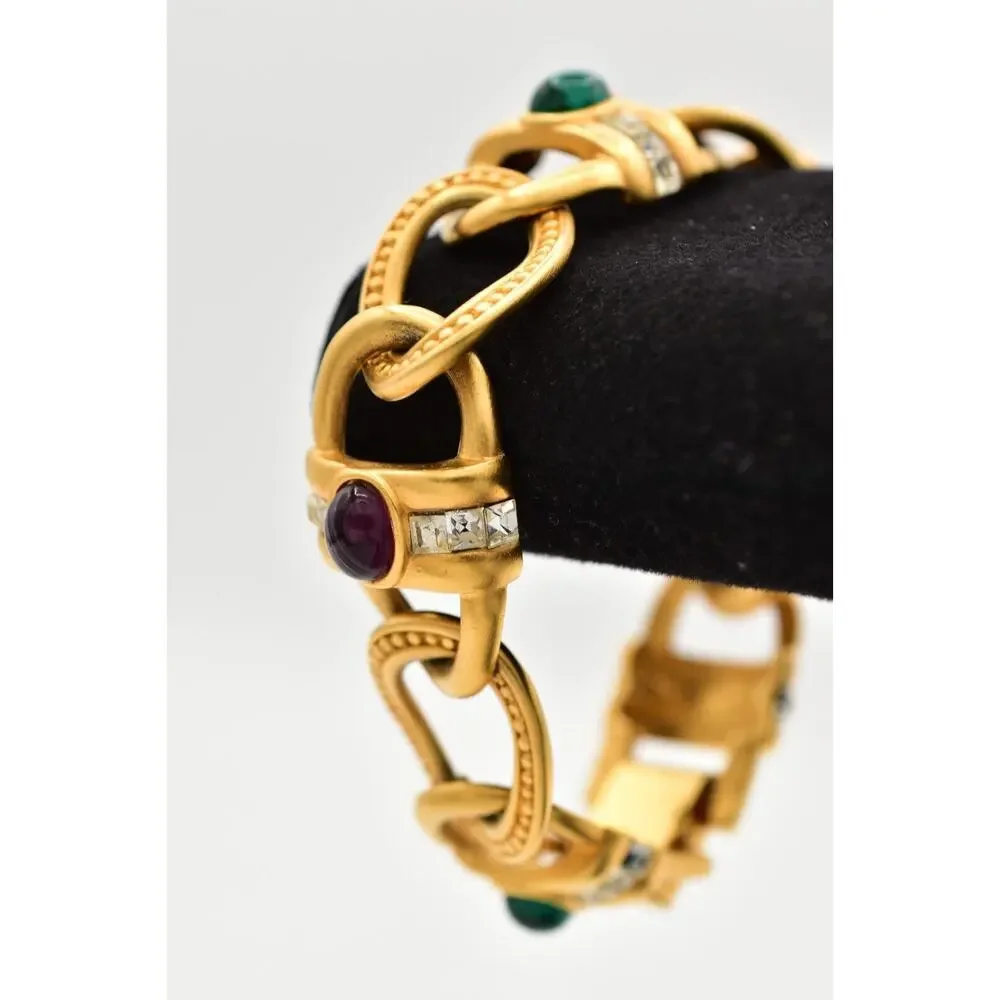 Givenchy Vintage Cabochon Bracelet Multi-Color Brushed Gold Crystal Signed BinAD